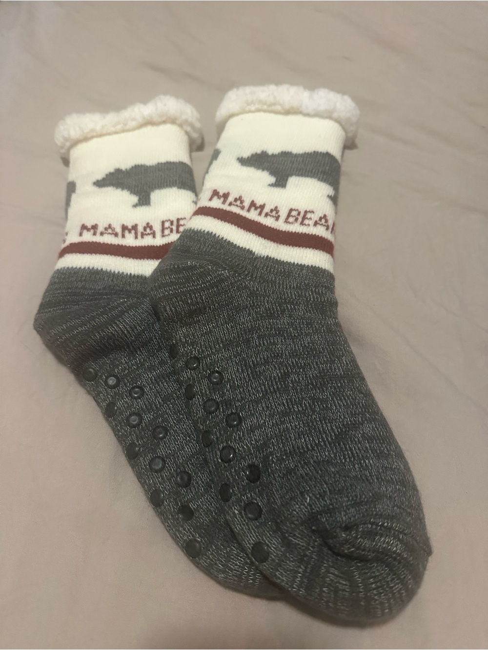 Plush Cuff Gripper Slipper Socks - Gray & Cream